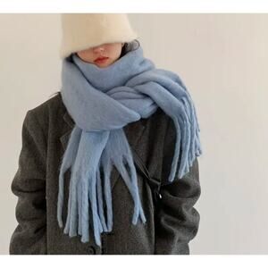 Oversized Fuzzy Soft Baby Blue Scarf Shawl Fringe Cottagecore Snuggly NWT